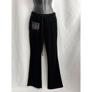 Black Velour Y2K Flare Pants Jeweled Rhinestones Size S/M 2000s Baddie Hearts